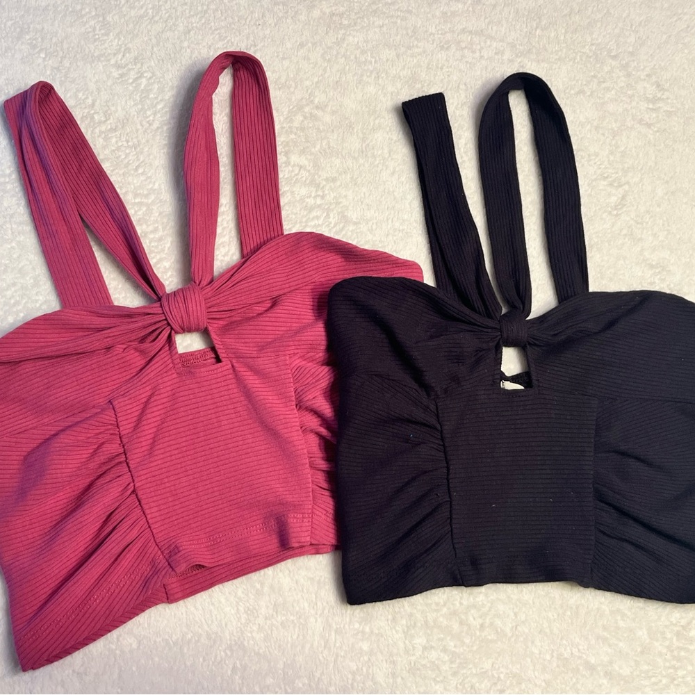 Urban Outfitters Ribbed Knot Front Crop Tank Set Black S Pink M Cutout Strappy